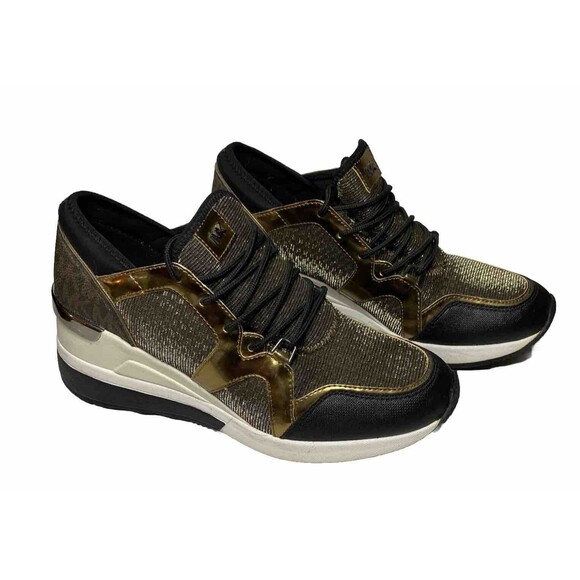 MK Logo Michael Kors 7.5 Wedge Heel Trainer Sneakers Black & Bronze Shoes - Picture 1 of 8